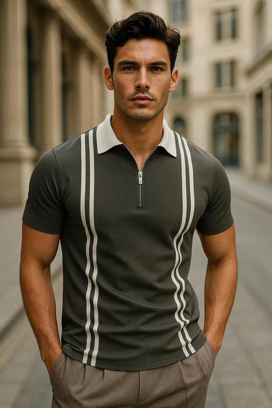 Grey Zipper stripted Polo shirt