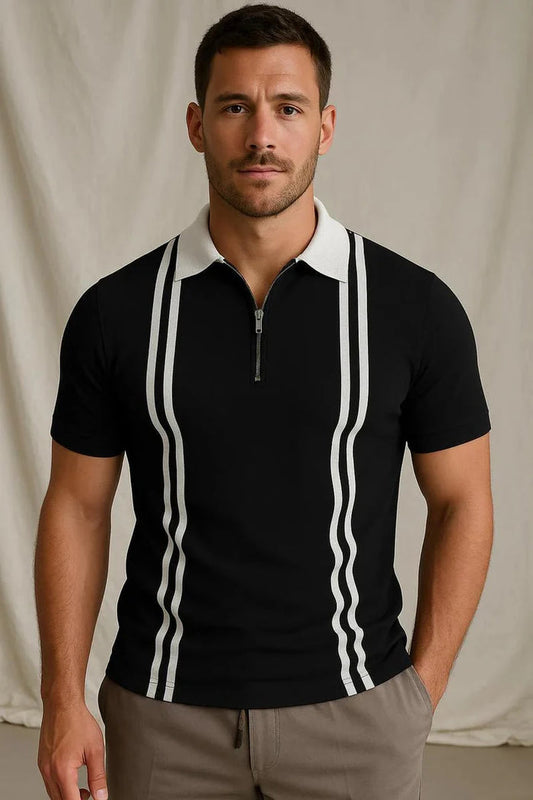 Black Zipper stripted Polo shirt
